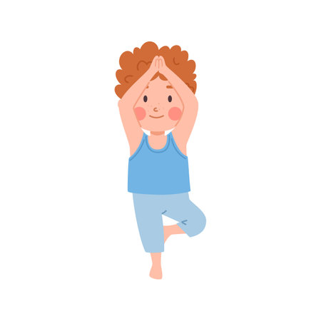Cute ginger boy standing in yoga pose on one leg, hands on top, happy little kid doing yoga exercise vector illustrationのイラスト素材