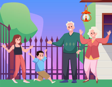 Happy grandparents meeting grandchildren in front of house, flat vector illustration.のイラスト素材