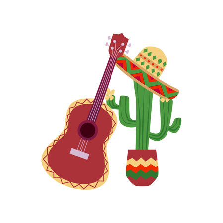 Green cactus in pot decorated sombrero hat and guitar, national Mexican traditional symbols flat vector illustrationのイラスト素材