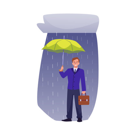 Businessman stands under umbrella in rain, confidence, success protection strategy in crisis storm vector illustrationのイラスト素材