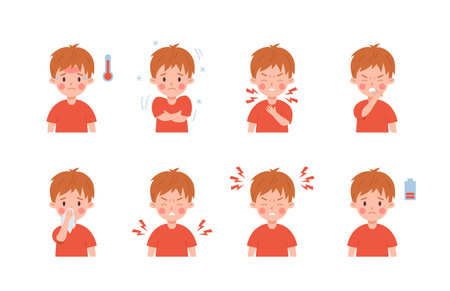 Set of sad kid boy characters with flu symptoms flat styleのイラスト素材