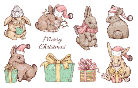 Set of various rabbits in hats with gift boxes sketch style, vector illustrationのイラスト素材