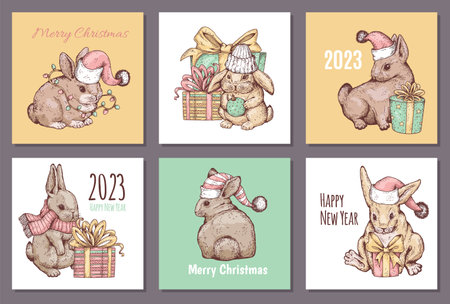 Christmas and New Year greeting cards set with cute rabbit drawing, sketch vector illustration.のイラスト素材