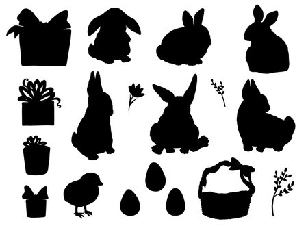 Set of black silhouettes for Easter holiday flat style, vector illustrationのイラスト素材