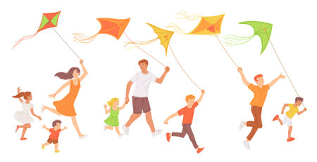 Adults and children playing with kites and fly it to sky, flat vector isolated.のイラスト素材