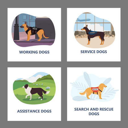 Assistance rescue and service dogs banners and badges set vector isolated.のイラスト素材