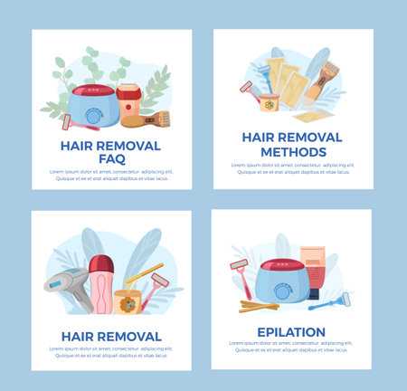 Hair removal banners set for salon epilation procedure flat vector illustration.のイラスト素材