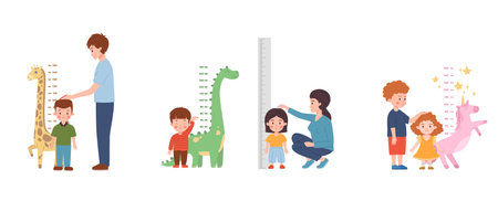 Set of children measuring height with decorative wall meters flat styleのイラスト素材