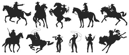Cowboy on horse with gun, set of black silhouettes - flat vector illustration isolated on white background.のイラスト素材
