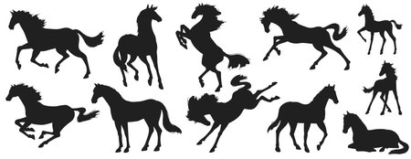 Horses in motion black silhouettes collection vector illustration isolated.のイラスト素材