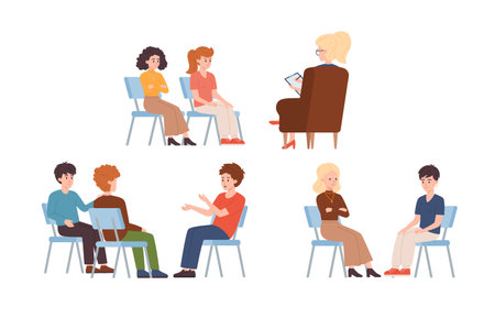 Set of isolated vector illustrations of Groups therapy session, support, people are sitting in chairs talking and discussingのイラスト素材