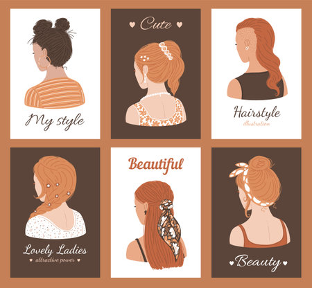 Vector set of illustrations of ladies with various haircuts and accessories, back view with frame and titleのイラスト素材