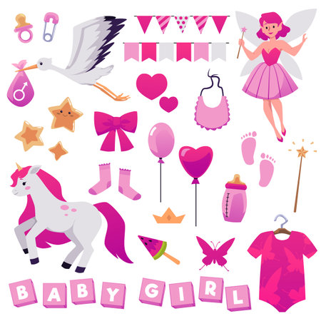 Baby shower decoration elements set for baby girl - cartoon flat vector illustration isolated on white background.のイラスト素材