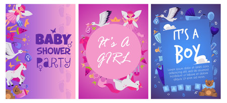 Baby shower party posters set, cartoon flat vector illustration.のイラスト素材