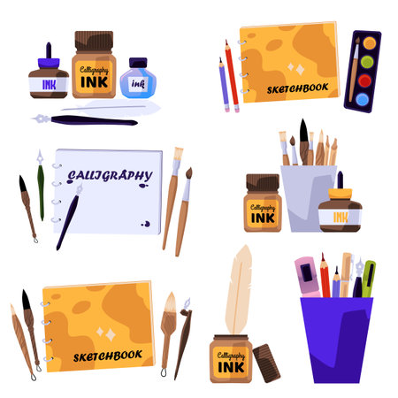 Set of tools for calligraphy and hand lettering, flat vector illustration isolated on white background.のイラスト素材