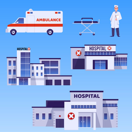 Hospital building exterior, ambulance car and doctor - flat vector illustration isolated on blue background.のイラスト素材