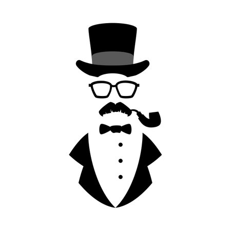 Silhouette of elegant man in hat, glasses and mustaches, flat vector illustration isolated on white background.のイラスト素材