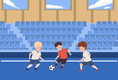Boys playing soccer on school stadium, flat vector illustration.のイラスト素材