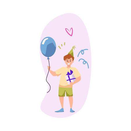 Happy boy holding gift box and balloon, flat vector illustration isolated on white background.のイラスト素材