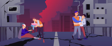 Volunteers help injured people after catastrophe, natural disaster, war or earthquake, vector ruined infrastructureのイラスト素材