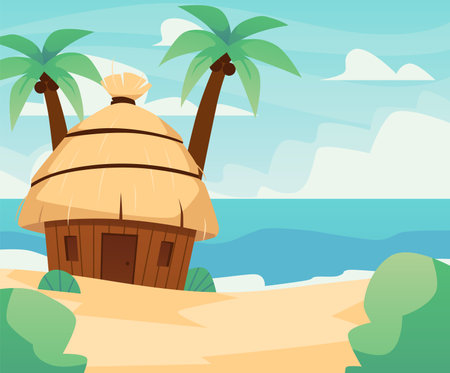 Wooden bungalow with thatched roof, small hut near palm trees on the beach, vector villa for resort on exotic islandのイラスト素材