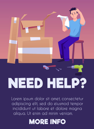 Confused man reads instruction for furniture assembly, poster with text, flat vector illustration.のイラスト素材