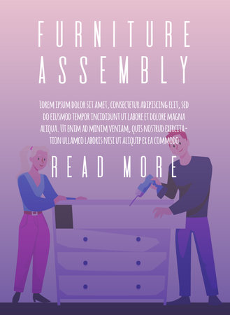 Worker with screwdriver assembling furniture white chest of drawers, woman helps repair to carpenter man vector posterのイラスト素材