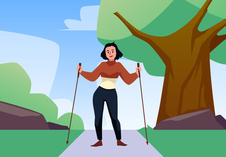 Woman in park on Nordic walking sport training, flat vector illustration.のイラスト素材