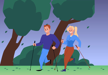 Young couple performing nordic walking with sticks in forest on cloudy day, vector flat healthy outdoor sport activityのイラスト素材