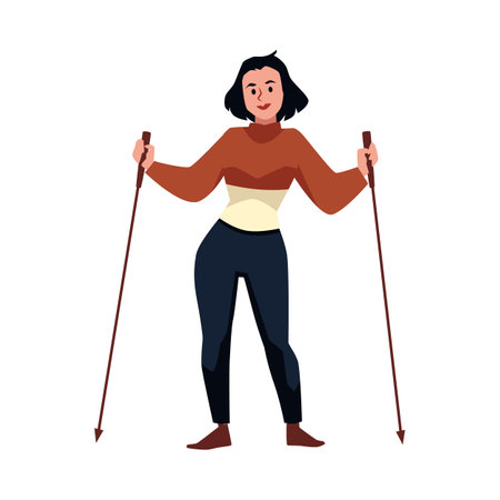 Fit woman with walking poles, flat vector illustration isolated on white background.のイラスト素材