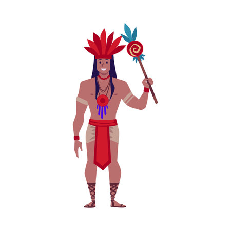 Maya tribal leader in traditional costume and red feather headdress standing with decorated spear vector illustrationのイラスト素材