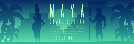 Maya civilization horizontal banner, flat vector illustration.のイラスト素材