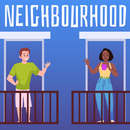 Happy neighbors greeting each other from balconies, flat vector illustration.のイラスト素材