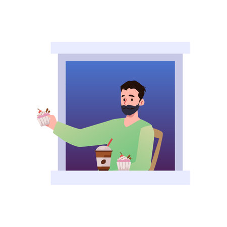 Young bearded man in open house window, vector neighbourhood cartoon male character holds out cake, enjoys cup of coffeeのイラスト素材