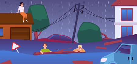 Desperate surviving affected people in flood disaster, vector children, car floating in the water on flooded city streetのイラスト素材