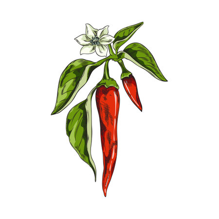 Chili peppers branch with leaves and flowers, red cayenne chili pepper, spicy vegetables vector hand drawn illustrationのイラスト素材