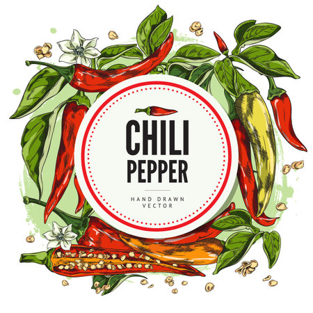 Chili peppers, leaves, flowers and seeds, color vector hand drawn label design template round shape with watercolorのイラスト素材