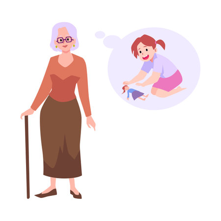 Nostalgic elderly woman remembers childhood, flat vector illustration isolated.のイラスト素材