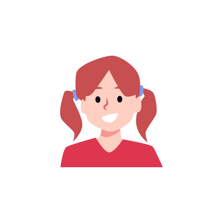 Happy smiling girl with two ponytails, flat vector illustration isolated on white background.のイラスト素材
