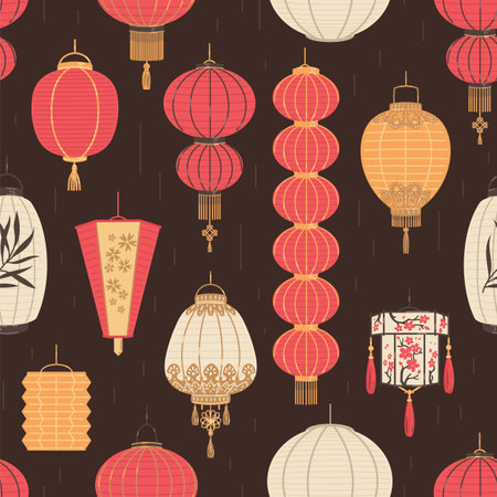 Vector seamless pattern of Japanese or Chinese various lanterns, design for nationa Japan, China, Asia culture on dark backgroundのイラスト素材