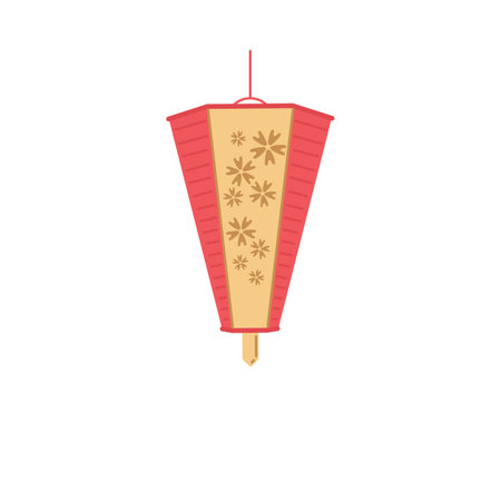 Vector illustration of Japanese or Chinese paper lantern with floral design hexagonal shape tapering towards the bottom in red yellow colors, isolated on white backgroundのイラスト素材