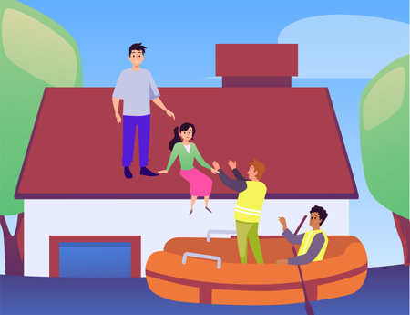 Rescuers remove people from the roof of sunken house,flat vector illustration.のイラスト素材