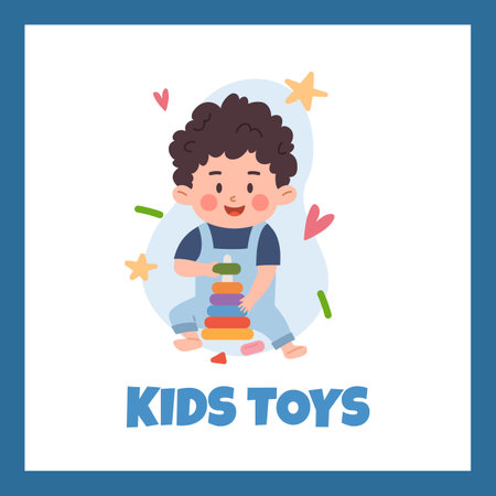 Adorable boy playing with pyramide, kids toys shop advertisement poster, cartoon flat vector illustration.のイラスト素材