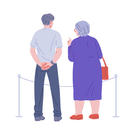 Old man and woman, pensioners standing near the fence, museum visitors enjoying expositions, back view vector illustrationのイラスト素材