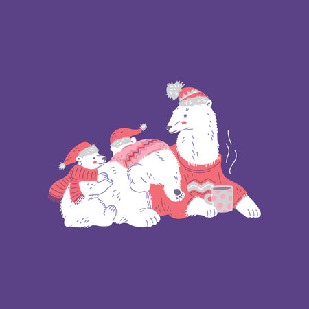 Cute polar bears in sweaters and hats flat style, vector illustrationのイラスト素材