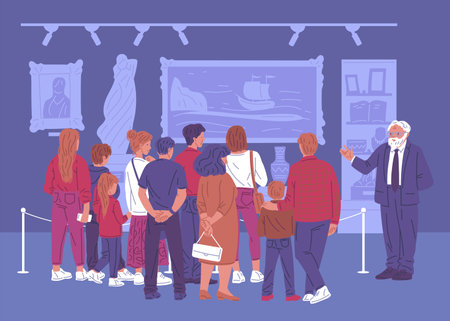 Many people listen to guides story about exposition flat styleのイラスト素材