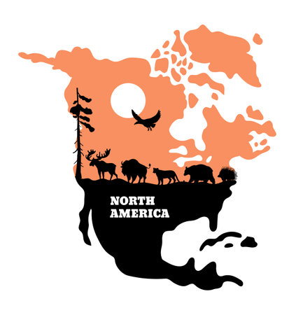 Map of North America, wild animals silhouette, flat vector illustration isolated on white background.のイラスト素材