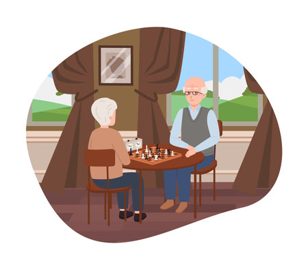 Retired old couple playing chess, flat vector illustration isolated on white background.のイラスト素材