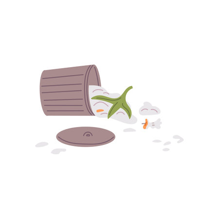 Pet mess and chaos, overturned trash can, scattered garbage, naughty mischievous dog or cat behavior vector illustrationのイラスト素材