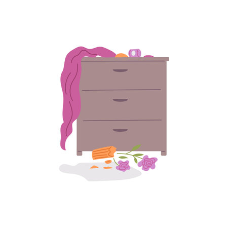 Pet mess, overturned broken vase of flowers and curtain on chest of drawers, vector clutter disorder from play cat, dogのイラスト素材